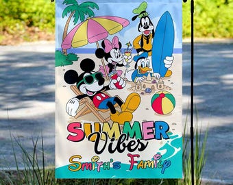 Mickey and Friends Summer Vibes Garden Flag, Custom Family Vacation Flag, Hello Summer Flag, Magical Kingdom, Vacay Mode NGRU32