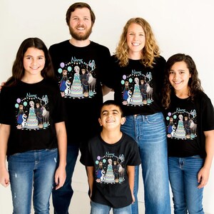 May include: A family wearing matching black t-shirts with a colourful graphic featuring characters from a popular animated film. The shirts have the text "Name" and the number "40" above the graphic. The people are wearing blue jeans.