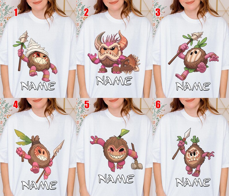 Puede incluir: Camisetas blancas con personajes de dibujos animados y la palabra "NAME" debajo. Los personajes son marrones, rosas y blancos, con varios accesorios y expresiones. Las camisetas se muestran en una persona.