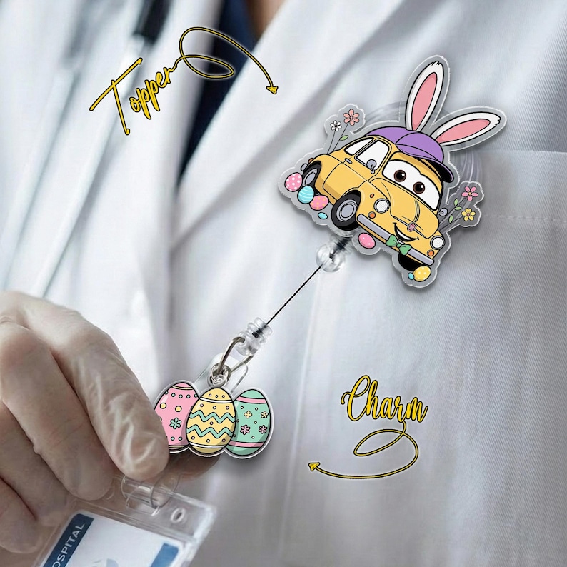 May include: A yellow car-shaped badge reel topper with bunny ears and Easter eggs. The badge reel also has a charm with three decorated Easter eggs. The word "Topper" is written above the car, and the word "Charm" is written below.