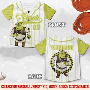 May include: White and green baseball jersey featuring the character Shrek. The front displays "Shrek" and the number "00". The back has space for a name and another Shrek graphic. The jersey has green sleeves and collar.