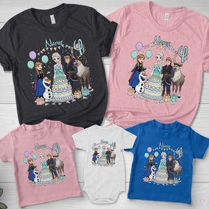 May include: A selection of children's t-shirts and a onesie with a vibrant graphic of animated movie characters. The shirts are in black, pink, and blue, with the number 4 and the word "Name" printed on them. The shirts are made of cotton.