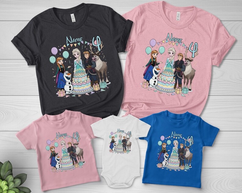 May include: A selection of children's t-shirts and a onesie with a vibrant graphic of animated movie characters. The shirts are in black, pink, and blue, with the number 4 and the word "Name" printed on them. The shirts are made of cotton.