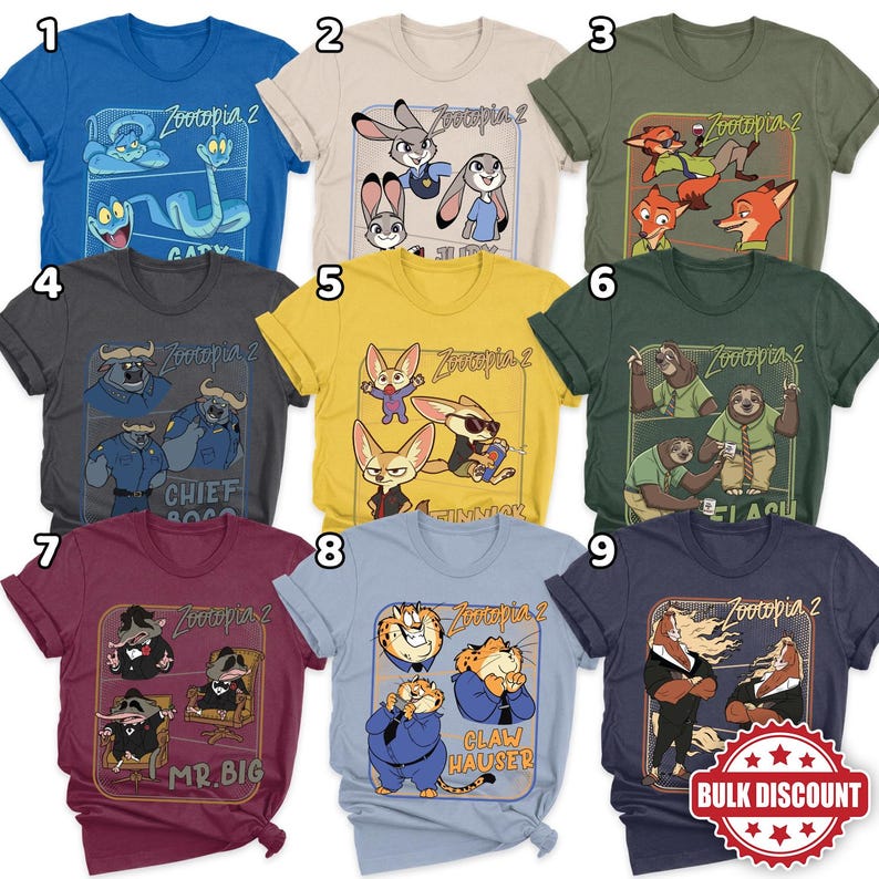 Pode incluir: Uma cole&ccedil;&atilde;o de nove camisetas gr&aacute;ficas Zootopia 2 em v&aacute;rias cores, cada uma com personagens diferentes do filme de anima&ccedil;&atilde;o. As camisas exibem personagens como Judy Hopps, Nick Wilde e Flash, com o t&iacute;tulo do filme em destaque.