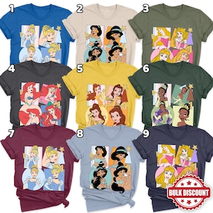 Op de afbeelding: Een verzameling van negen t-shirts in verschillende kleuren, elk met een Disney-prinsessenontwerp. De shirts tonen verschillende prinsessen in een kleurrijke cartoonstijl, ideaal voor Disney-fans.