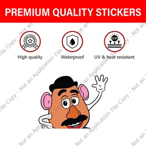 Peut inclure: Un autocollant repr&eacute;sentant le personnage de dessin anim&eacute; Mr. Patate avec un chapeau noir, des oreilles roses et une grande moustache. L'autocollant est &eacute;tiquet&eacute; "Autocollants de qualit&eacute; sup&eacute;rieure" et comprend des ic&ocirc;nes indiquant la haute qualit&eacute;, l'&eacute;tanch&eacute;it&eacute; et la r&eacute;sistance aux UV et &agrave; la chaleur.