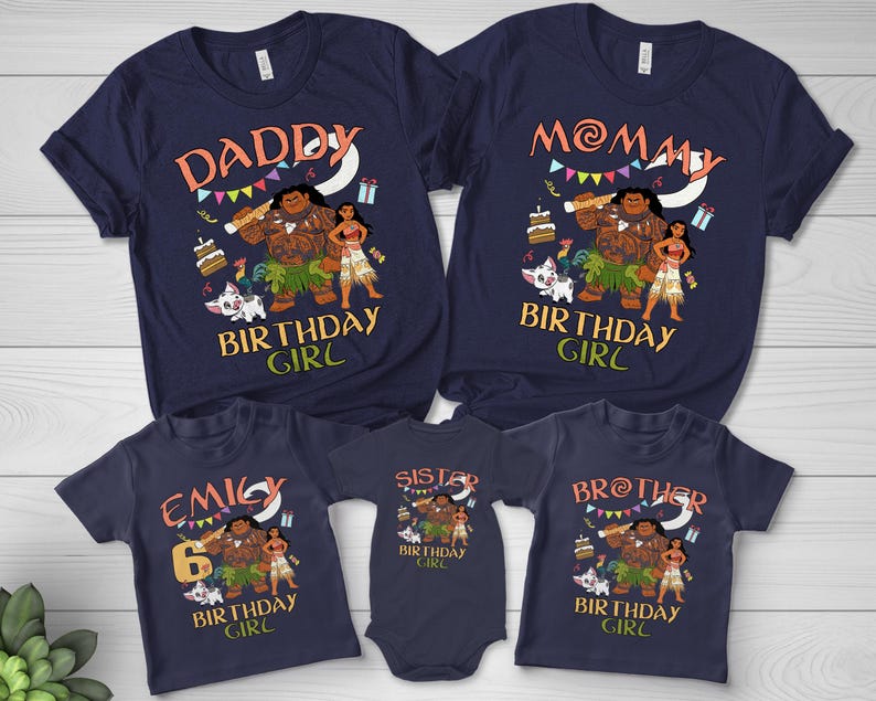 May include: A set of five navy blue short-sleeved shirts and a baby bodysuit featuring a Moana-themed graphic with Maui, Moana, and Pua. The shirts display text including DADDY, MOMMY, EMILY, SISTER, BROTHER, and BIRTHDAY GIRL with colorful party accents.