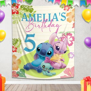 Stitch & Angel Birthday Backdrop | Custom Lilo And Stitch Party Banner | Personalized Disney Birthday Decor for Kids&#39; Celebration JCLV04