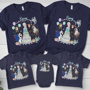 May include: Navy blue t-shirts with a colourful graphic featuring characters from a popular animated movie, a birthday cake, and the text "Name 4". The shirts are arranged in a family set.