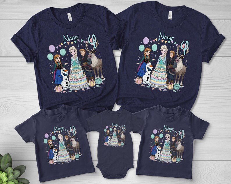 May include: Navy blue t-shirts with a colourful graphic featuring characters from a popular animated movie, a birthday cake, and the text "Name 4". The shirts are arranged in a family set.