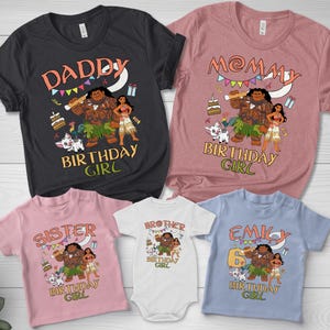 May include: A collection of five short-sleeved shirts and one white bodysuit featuring Moana-themed birthday graphics. The shirts are black, mauve, light pink, and light blue, each displaying characters, party decorations, and text like DADDY, MOMMY, SISTER, BROTHER, and EMILY.