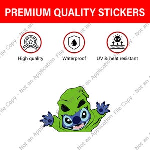 May include: A sticker featuring a green character with blue skin and large eyes, with the text "PREMIUM QUALITY STICKERS". The sticker is described as high quality, waterproof, and UV & heat resistant.