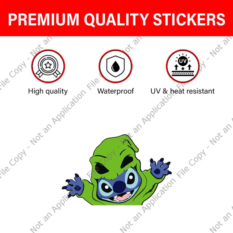 May include: A sticker featuring a green character with blue skin and large eyes, with the text "PREMIUM QUALITY STICKERS". The sticker is described as high quality, waterproof, and UV & heat resistant.