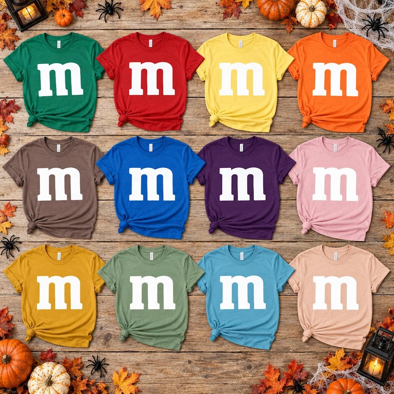 May include: A collection of twelve short-sleeved crew neck t-shirts in various solid colors including green, red, yellow, orange, brown, blue, purple, pink, gold, olive, teal, and peach, each featuring a large white lowercase letter m.