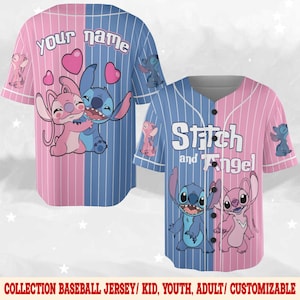 May include: Two baseball jerseys, one pink and one blue, featuring the characters Stitch and Angel. The pink jersey has the text "your name" and the blue jersey has the text "Stitch and Angel". Both jerseys have white pinstripes.