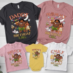 May include: A collection of five short-sleeved shirts and one onesie featuring a Moana-themed birthday graphic. The shirts are black, mauve, light pink, yellow, and white, each displaying characters, a cake, gifts, and text like DADDY, MOMMY, SISTER, BROTHER, and EMILY.