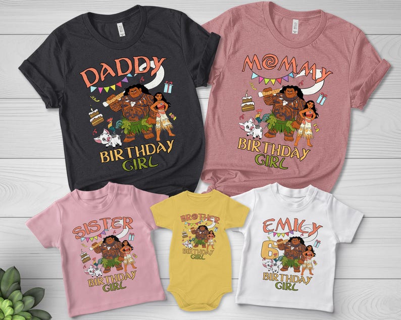 May include: A collection of five short-sleeved shirts and one onesie featuring a Moana-themed birthday graphic. The shirts are black, mauve, light pink, yellow, and white, each displaying characters, a cake, gifts, and text like DADDY, MOMMY, SISTER, BROTHER, and EMILY.