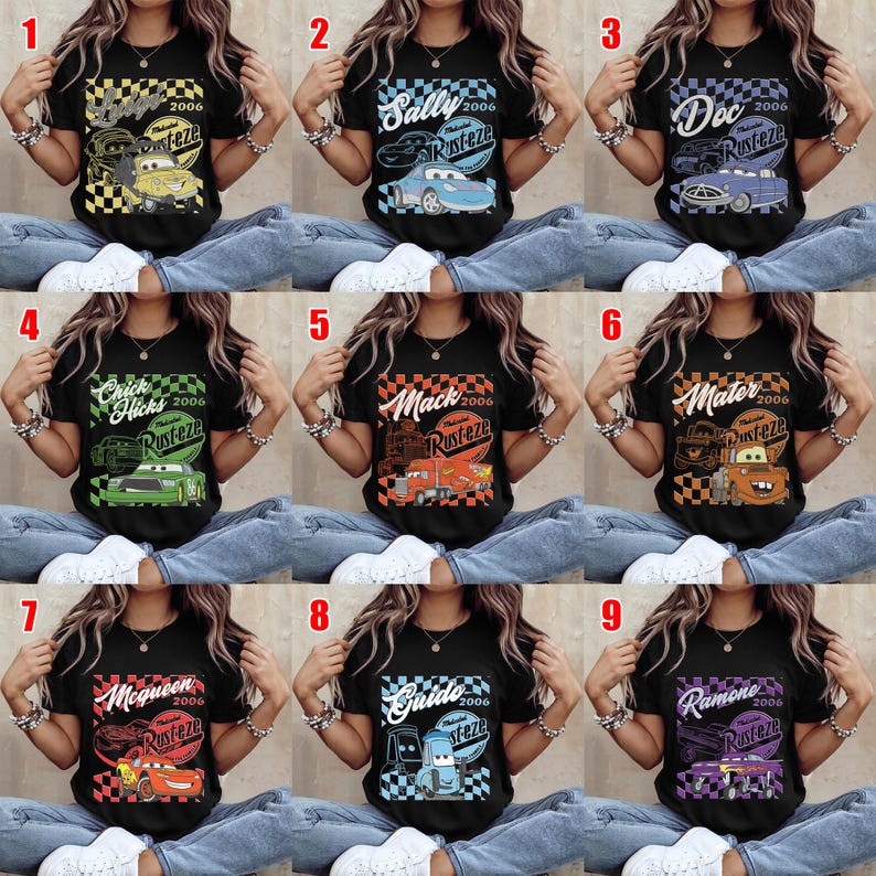 May include: Black short-sleeved t-shirts with various Cars movie character designs. Each shirt features a character's name, the year 2006, and the Rusteze logo. The designs include Lightning McQueen, Mater, and Doc Hudson.