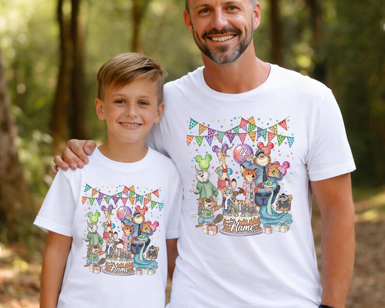 May include: White t-shirts with a colorful cartoon design featuring various animal characters, a birthday cake, and the number 4. The shirts have a festive banner design at the top and the word "Name" on the cake.