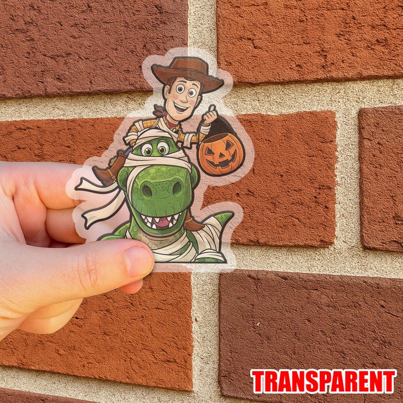 Puede incluir: Una pegatina transparente con un personaje de dibujos animados de Woody montado en un dinosaurio verde, ambos envueltos en vendas. Woody sostiene una linterna de calabaza. La palabra "TRANSPARENT" est&aacute; impresa en rojo en la parte inferior.