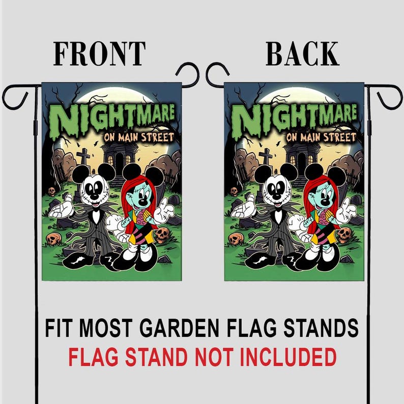 May include: A double-sided garden flag featuring a spooky design with the text "NIGHTMARE ON MAIN STREET". The flag depicts cartoon characters in a graveyard scene. The text "FIT MOST GARDEN FLAG STANDS" is also visible.