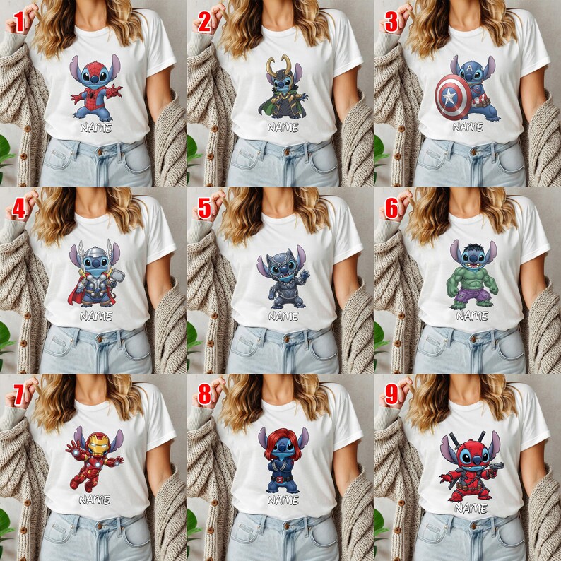 Puede incluir: Camisetas blancas con dise&ntilde;os de personajes de dibujos animados. Cada camiseta muestra un personaje diferente, incluyendo a Stitch con varios disfraces de superh&eacute;roes. La palabra "NAME" est&aacute; impresa debajo de cada personaje.