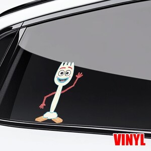 May include: A white and blue Forky vinyl sticker, a character from the Toy Story franchise, is waving. The sticker has a smiling face, red arms, and wooden feet. The word "VINYL" is printed in red at the bottom.