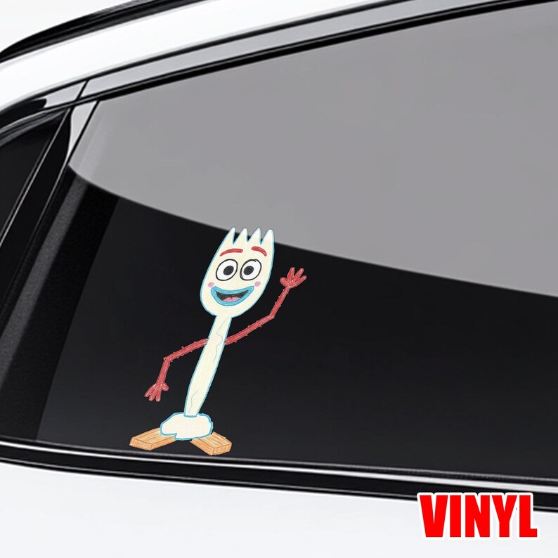 May include: A white and blue Forky vinyl sticker, a character from the Toy Story franchise, is waving. The sticker has a smiling face, red arms, and wooden feet. The word "VINYL" is printed in red at the bottom.