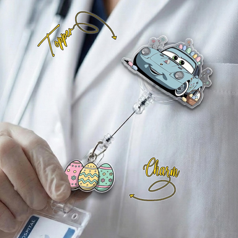 May include: A light blue car-shaped badge reel topper with Easter egg accents. The reel also features a charm with three colorful Easter egg designs. The word "Topper" is written in cursive.