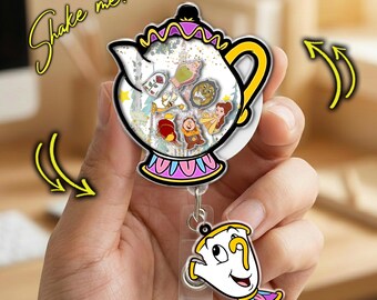 Beauty and the Beast Shaker Badge Reel, Glitter Nurse ID Holder,Princess Belle Badge Clip, Cute Retractable Reel,Teacher Badge Clip C2C516