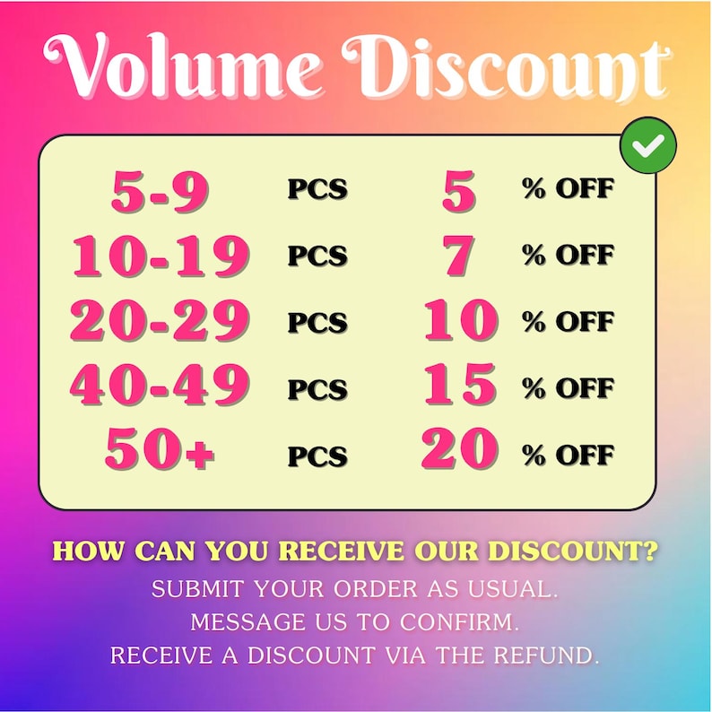May include: A graphic with the text "Volume Discount" in a pink and white gradient. It details discounts from 5% to 20% off based on the number of pieces purchased, ranging from 5 to 50+ pieces. Instructions on how to receive the discount are also included.