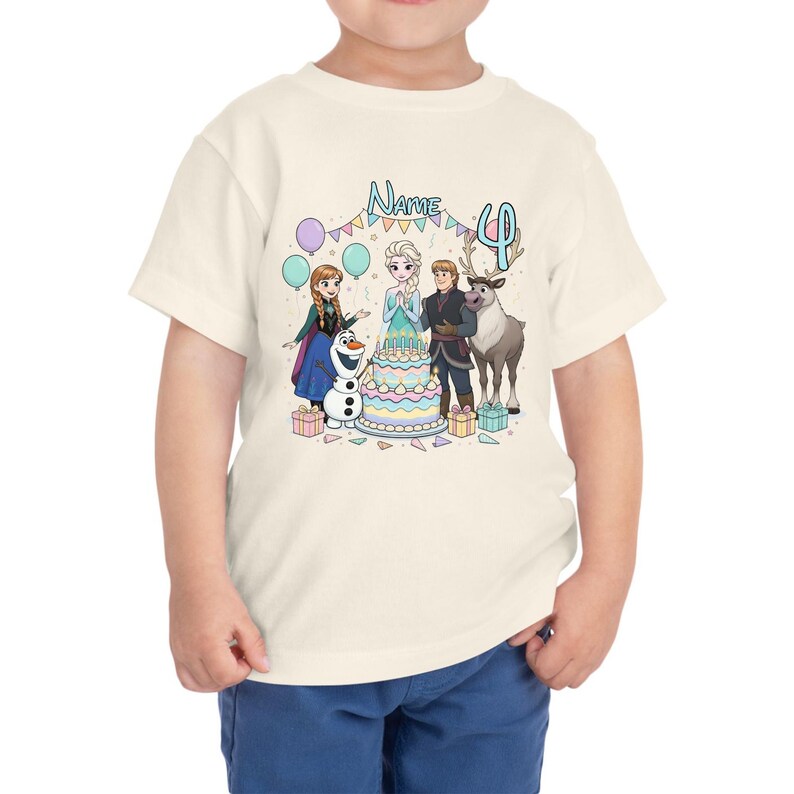 May include: A cream-colored toddler t-shirt featuring a colorful graphic of characters from the movie Frozen. The design includes a birthday cake, balloons, and the number 4. The word "Name" is also displayed.