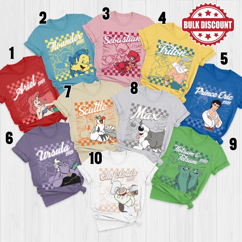 May include: A collection of ten colorful t-shirts featuring various characters from a popular animated film. Each shirt displays a different character's name and a year, set against a checkered background. The shirts come in a variety of colors, including red, blue, and yellow.