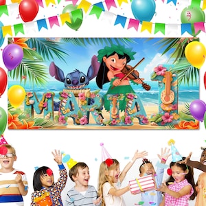 Personalized 3D Stitch Birthday Banner, Stitch & Angel Banner, Custom Stitch And Angel Birthday Backdrop, Backdrop, Lilo Stitch C1GW16