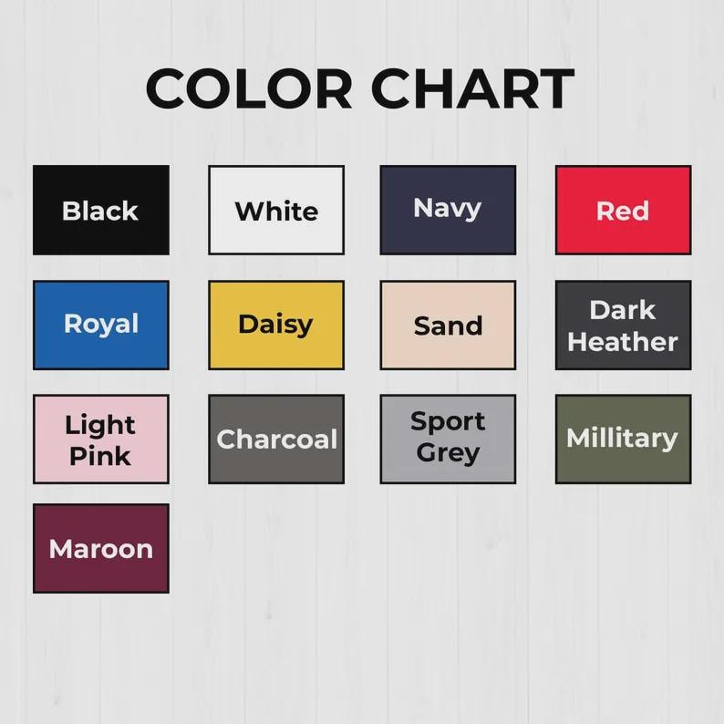 Puede incluir: Una carta de colores con el texto "COLOR CHART" en la parte superior. La tabla muestra una cuadr&iacute;cula de muestras de color etiquetadas: Negro, Blanco, Marino, Rojo, Real, Margarita, Arena, Brezo oscuro, Rosa claro, Carb&oacute;n, Gris deportivo, Militar y Granate.
