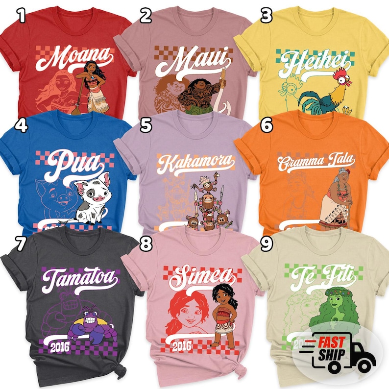 May include: A collection of nine colorful t-shirts featuring characters and text from a popular animated movie. Each shirt has a different character and name, including "Moana," "Maui," and "Heihei." The shirts are in various colors.
