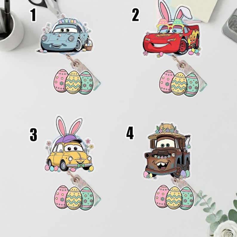 May include: Four colorful car-shaped Easter-themed stickers. The stickers feature cartoon cars with bunny ears and Easter egg accents. Each sticker is paired with a set of three decorative Easter egg stickers. The cars are in blue, red, yellow, and brown.