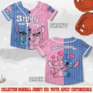 May include: Baseball jersey featuring Stitch and Angel characters. The front is split vertically, with blue and pink pinstripes. The back has space for a name. The jersey has short sleeves and a button-up front.