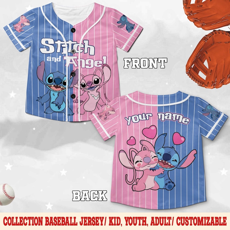 May include: Baseball jersey featuring Stitch and Angel characters. The front is split vertically, with blue and pink pinstripes. The back has space for a name. The jersey has short sleeves and a button-up front.