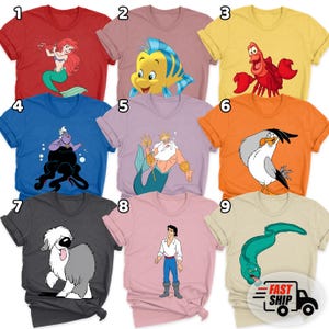 May include: A collection of nine short-sleeved t-shirts in various colours, each featuring a different character from The Little Mermaid, including Ariel, Flounder, Sebastian, Ursula, King Triton, Scuttle, Max the dog, Prince Eric, and Flotsam.