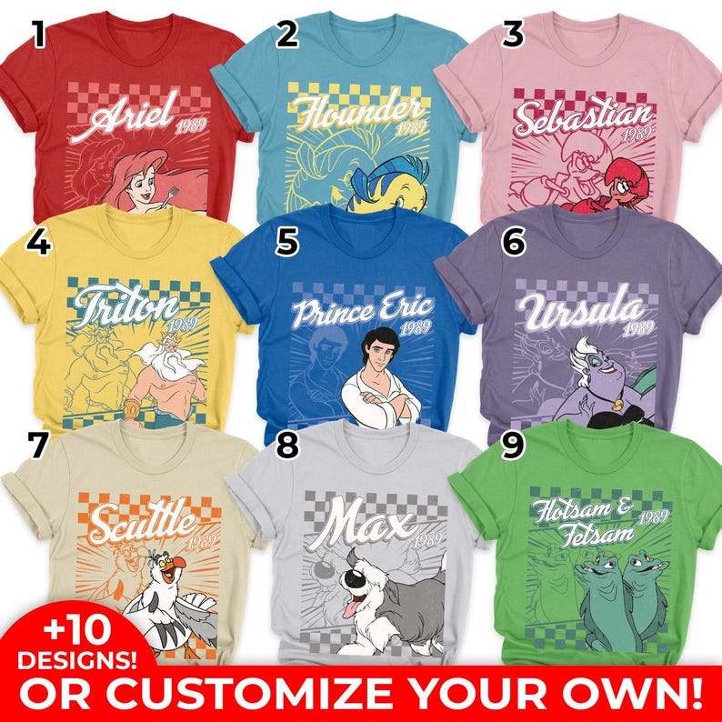 May include: A collection of nine colorful t-shirts featuring characters from a classic animated film. Each shirt displays a character's name and the year 1989 in a checkered box. The shirts are red, blue, pink, yellow, blue, purple, beige, gray, and green.