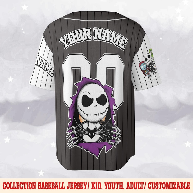 May include: Gray baseball jersey with white pinstripes and sleeves. Features a Jack Skellington graphic and the text "YOUR NAME" above the number "00". The jersey has a purple and black design and the text "NAME" on the left sleeve.