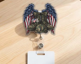 Personalized US Veteran Badge Reel,Custom Uniform ID Holder,Military Boots and Hat Badge Clip, Veteran Gift for Dad, Badge JCR529