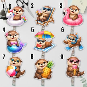 Cute Otter Summer Badge Reel, Beach Otter Acrylic Badge Holder, Pool Float Mermaid Pineapple ID Badge Reel, Nurse Teacher Gift NHRA07
