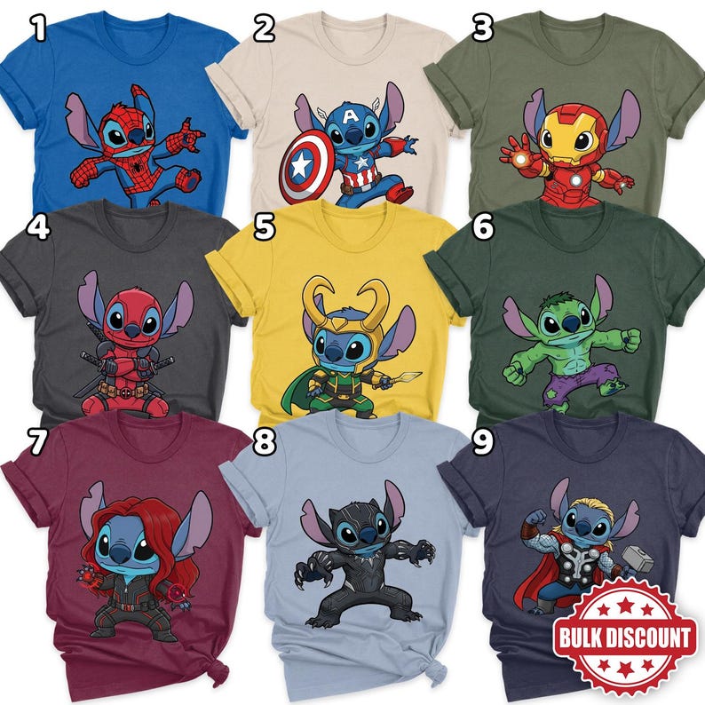 May include: A collection of nine short-sleeved t-shirts in various colors, each featuring a cartoon character in a superhero costume. The shirts are blue, tan, olive green, charcoal, yellow, dark green, burgundy, light blue, and navy.