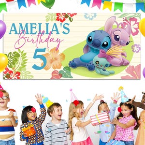 Stitch & Angel Birthday Backdrop | Custom Lilo And Stitch Party Banner | Personalized Disney Birthday Decor for Kids&#39; Celebration JCLV04