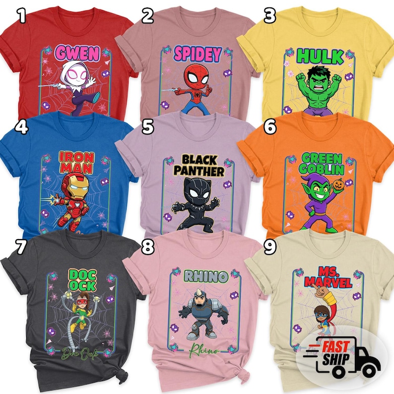 May include: A collection of nine brightly coloured t-shirts, each showcasing a different Marvel character. The designs feature characters like Gwen, Spidey, Hulk, Iron Man, Black Panther, Green Goblin, Doc Ock, Rhino, and Ms. Marvel, within a spiderweb frame.