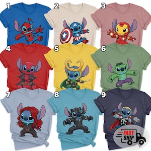 May include: A collection of nine short-sleeved t-shirts in various colors, each featuring a cartoon character in a superhero costume. The designs include Spider-Man, Captain America, Iron Man, Deadpool, Loki, Hulk, Black Widow, Black Panther, and Thor.