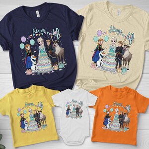 May include: A selection of children's t-shirts and a babygrow in different colours, each with a vibrant graphic of animated characters. The design includes the text "Name" and the number "4".