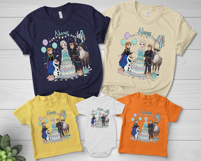 May include: A selection of children's t-shirts and a babygrow in different colours, each with a vibrant graphic of animated characters. The design includes the text "Name" and the number "4".